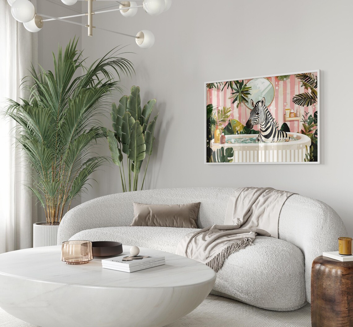 Zebra in a Bubble Bath With Pink Striped Wallpaper Tropical Poster - Image 3