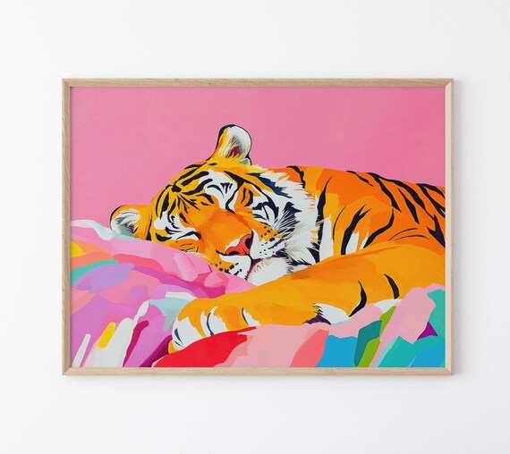 Sleeping Tiger Curled On Rainbow Blanket Colorful Modern Poster