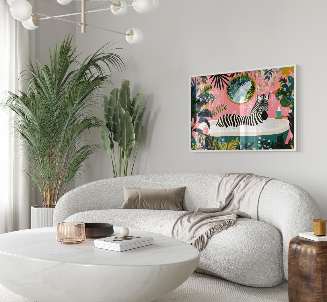 Zebra Soaking in a Teal Bathtub Pink Tropical Bathroom Poster - Image 3