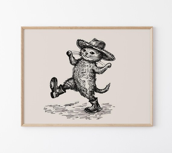 Dancing Cowboy Cat Side Kick Sketch Western Feline Decor Poster