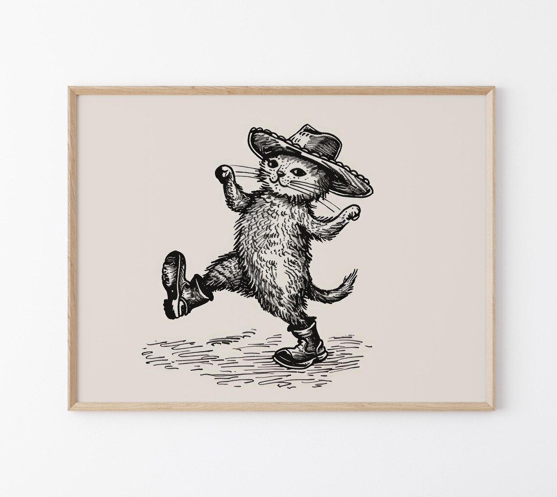 Dancing Cowboy Cat Side Kick Sketch Western Feline Decor Poster