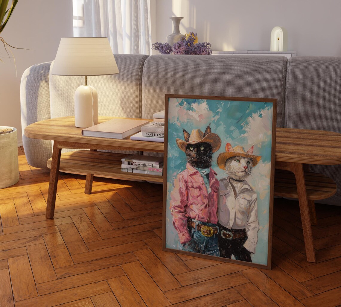 Cowboy Cats Oil Painting Poster with Black and White Cat Duo - Image 2