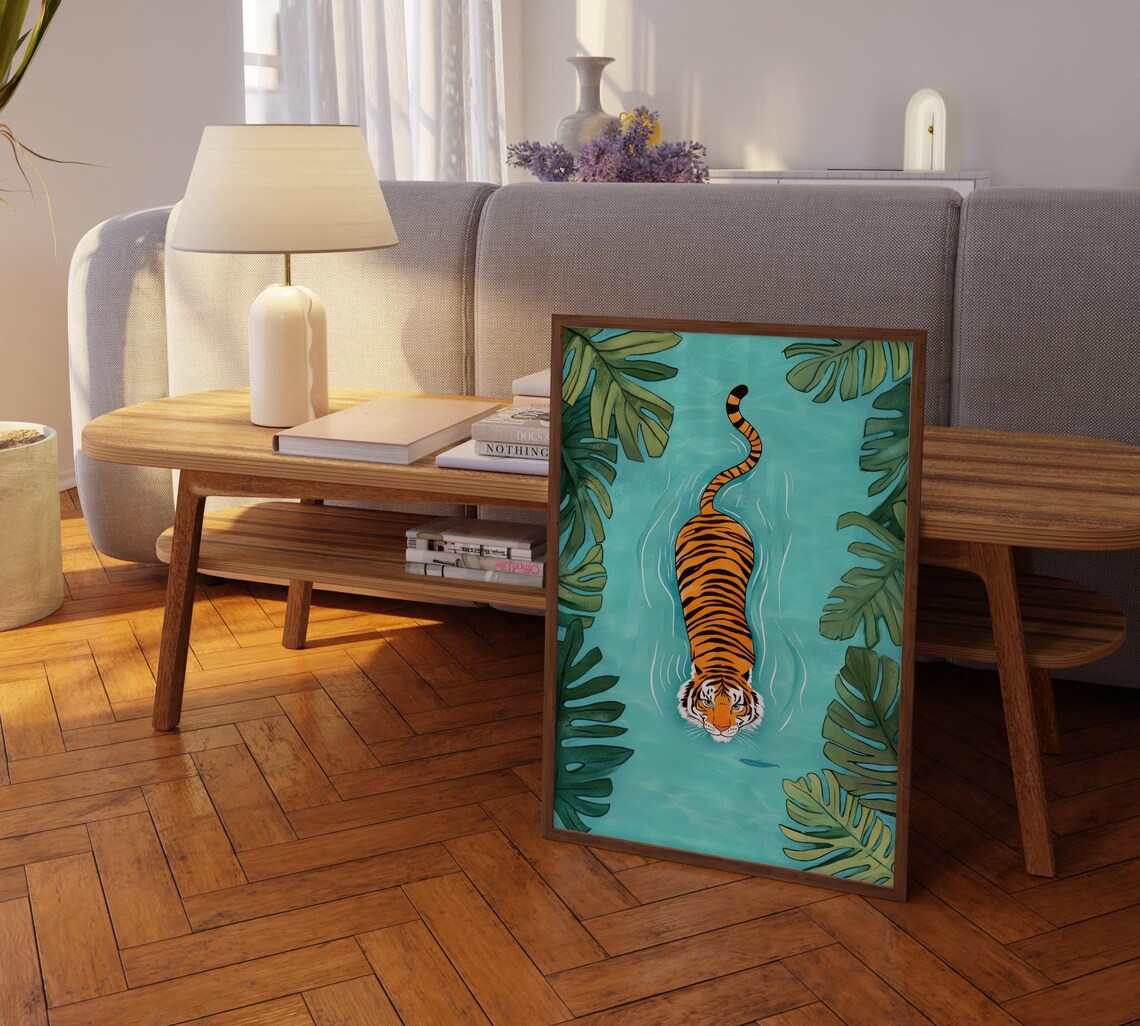 Tiger Swimming Turquoise River Tropical Monstera Leaves Poster - Image 2