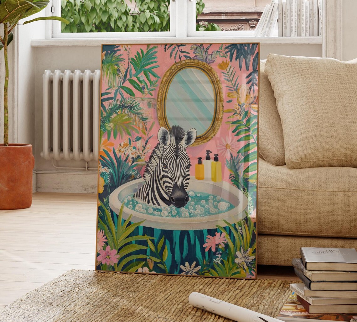 Zebra in a Bubble Bath Under a Gilded Gold Mirror Pink Floral Poster - Image 4