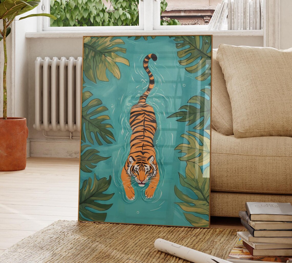 Tiger Swimming Down a Turquoise River Monstera Leaves Poster - Image 4
