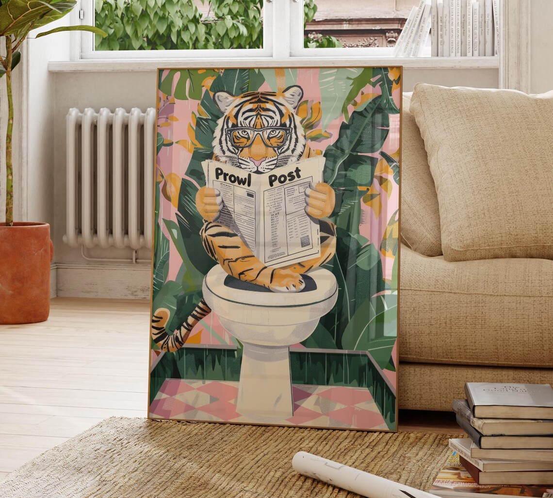 Tiger Black Glasses Prowl Post Toilet Pink Tiled Floor Funny Poster - Image 4
