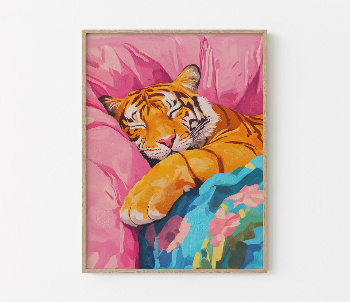 Sleeping Tiger On Pink Pillow Floral Blanket Maximalist Poster
