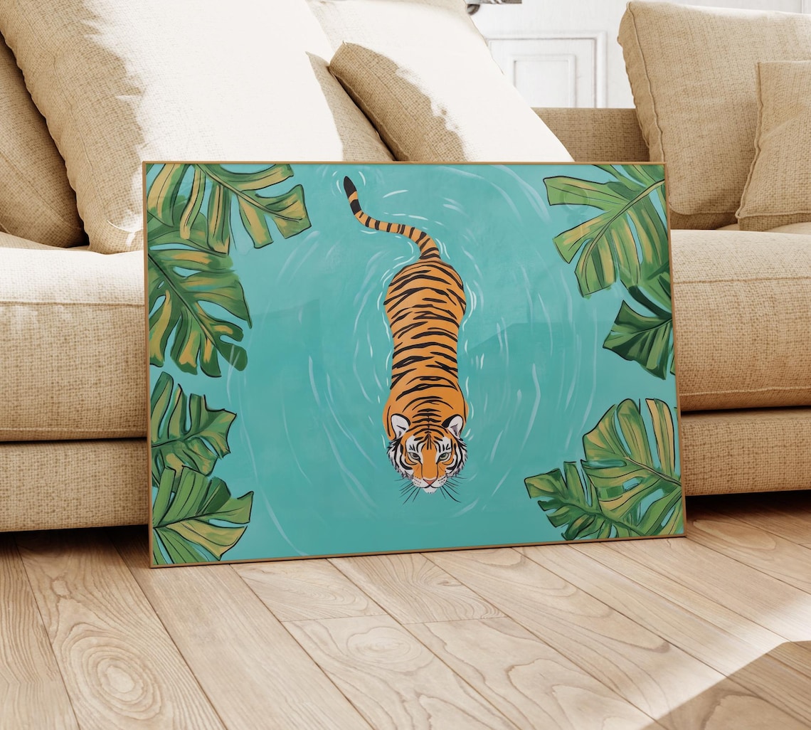 Tiger Swimming in Turquoise Water With Monstera Leaves Poster - Image 4