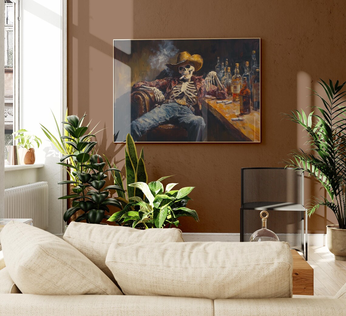 Skeleton Cowboy in a Bar Oil Painting Poster - Image 2
