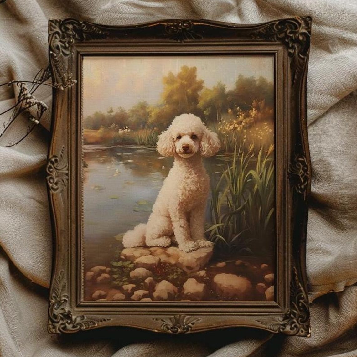 White Poodle Sitting by a Lily Pond Vintage Style Dog Painting Poster
