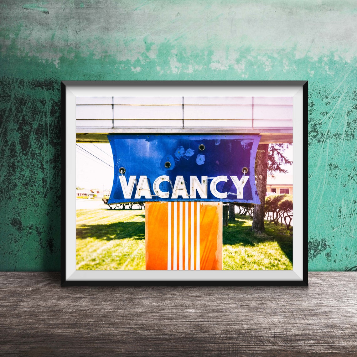 Vacancy Bright Blue Retro Motel Sign Sunlit Lawn Photo Poster
