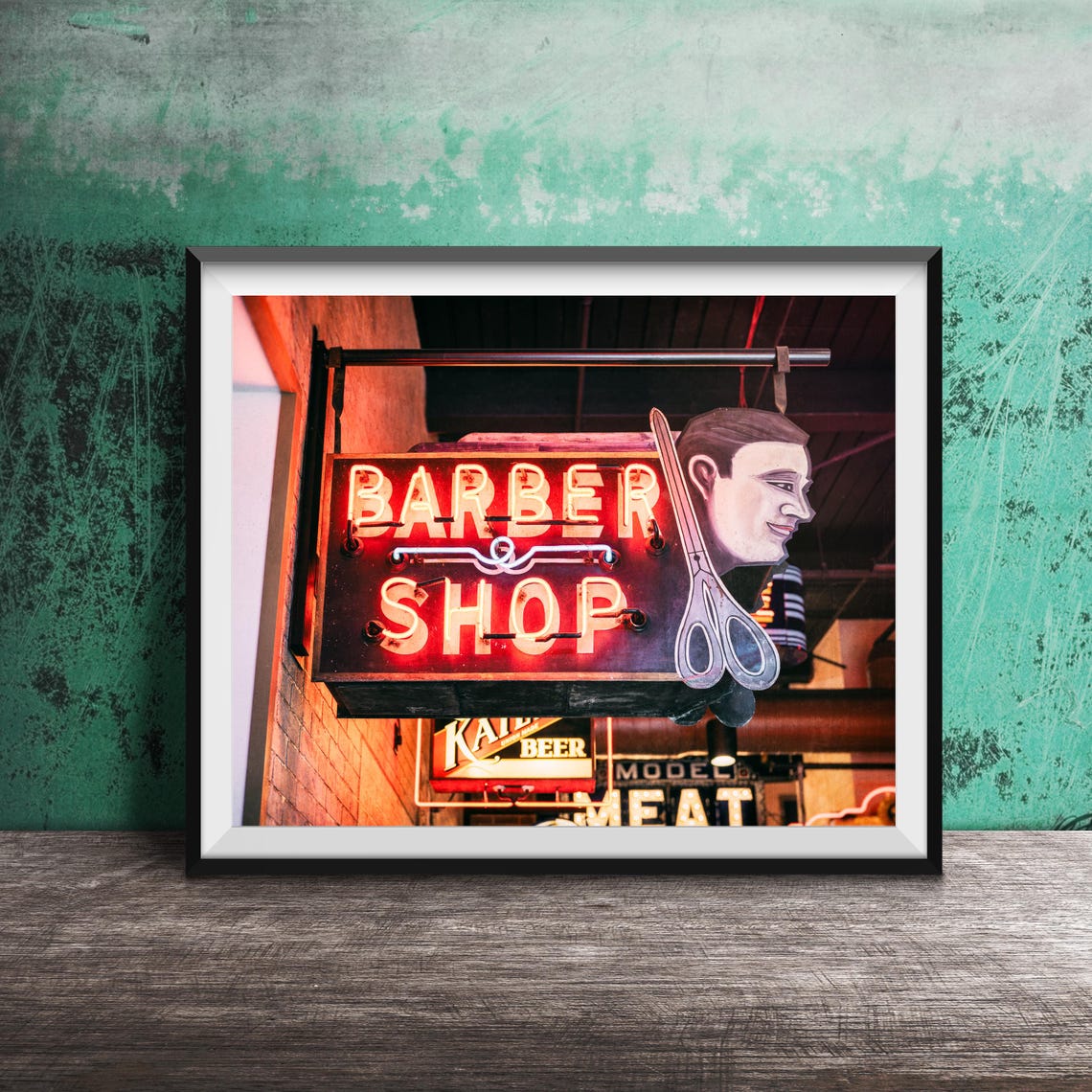 Barber Shop Vintage Red Neon Sign with Scissors Photo Poster