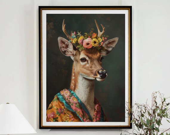 Deer Flower Crown Portrait Colorful Floral Cape Animal Wall Art