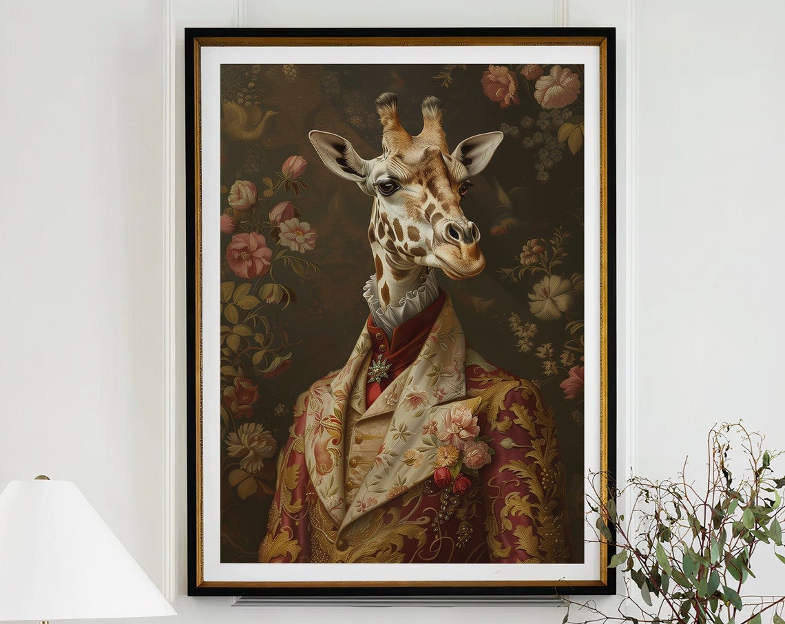 Giraffe Royal Renaissance Portrait Vintage Brocade Wall Poster