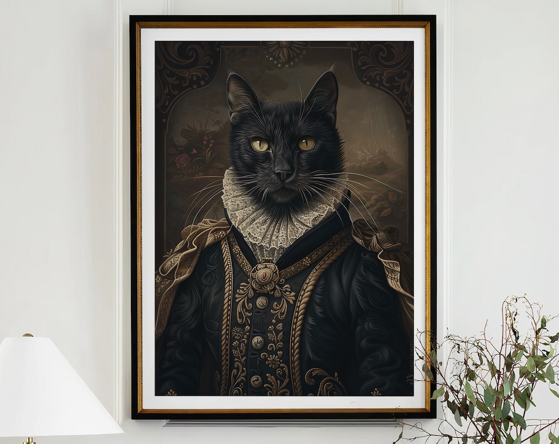 Black Cat in Black Baroque Velvet Coat with Lace Ruff Aristocrat Poster