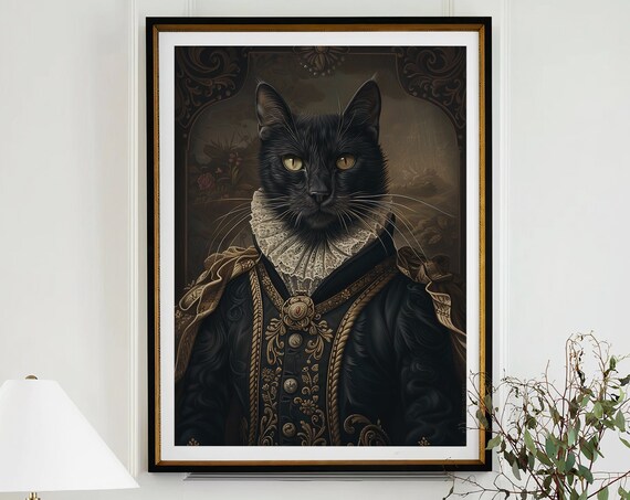 Black Cat in Black Baroque Velvet Coat with Lace Ruff Aristocrat Poster