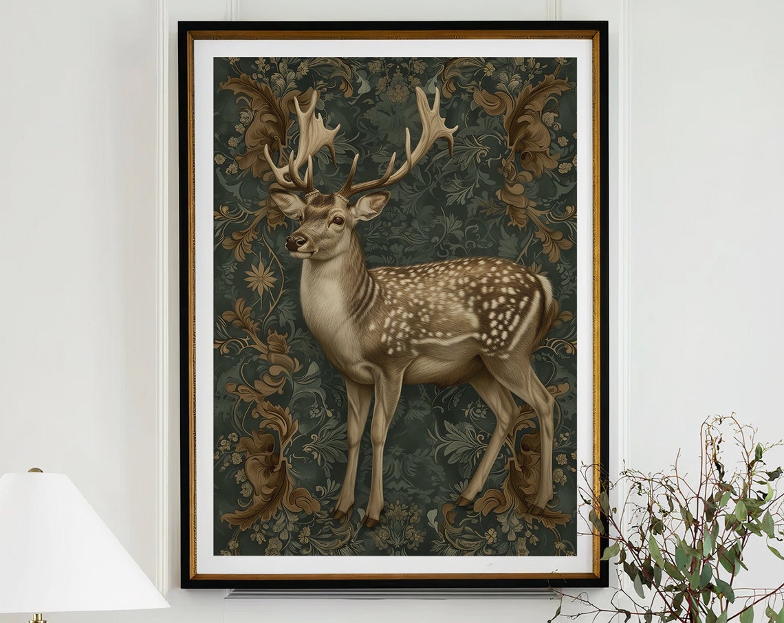 Fallow Deer Stag Full Body Portrait Dark Green Baroque Damask Poster