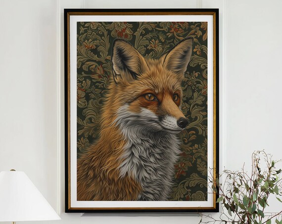 Elegant Red Fox Profile Portrait on Green Gold Damask Art Poster