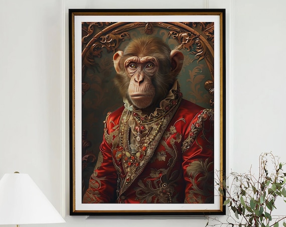 Monkey in Red Silk Brocade Coat with Ruff Collar Aristocrat Portrait Poster