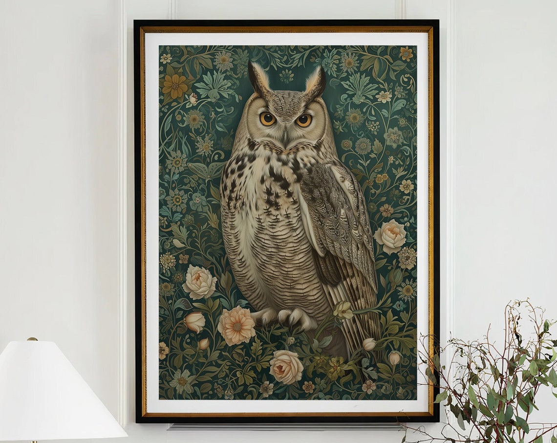 Great Horned Owl on Teal William Morris Floral Background Poster - Image 4