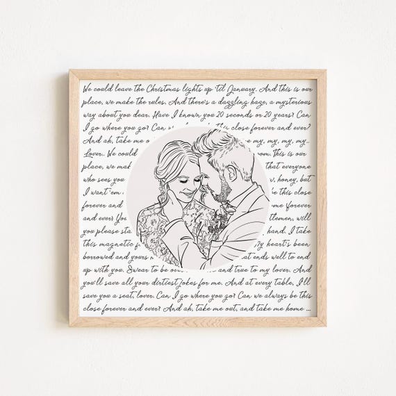 Custom Wedding Portrait Personalized Song Lyric Line Art Modern Anniversary Keepsake Minimalist Gift For Couples Birthday Grandparents