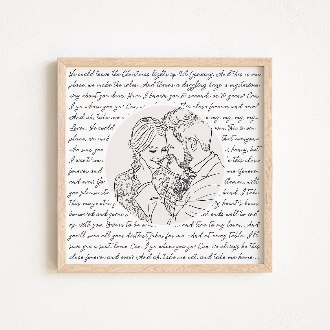 Custom Wedding Couple Line Art Portrait With Song Lyric Print