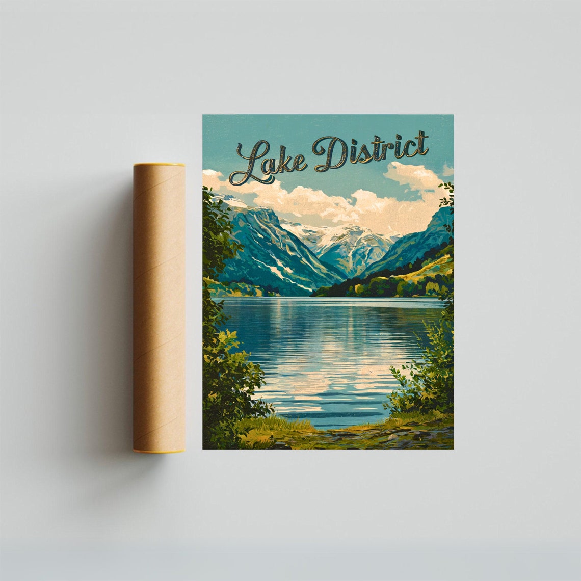 Lake District Vintage Poster Script Mountain Lake Shoreline View - Image 3