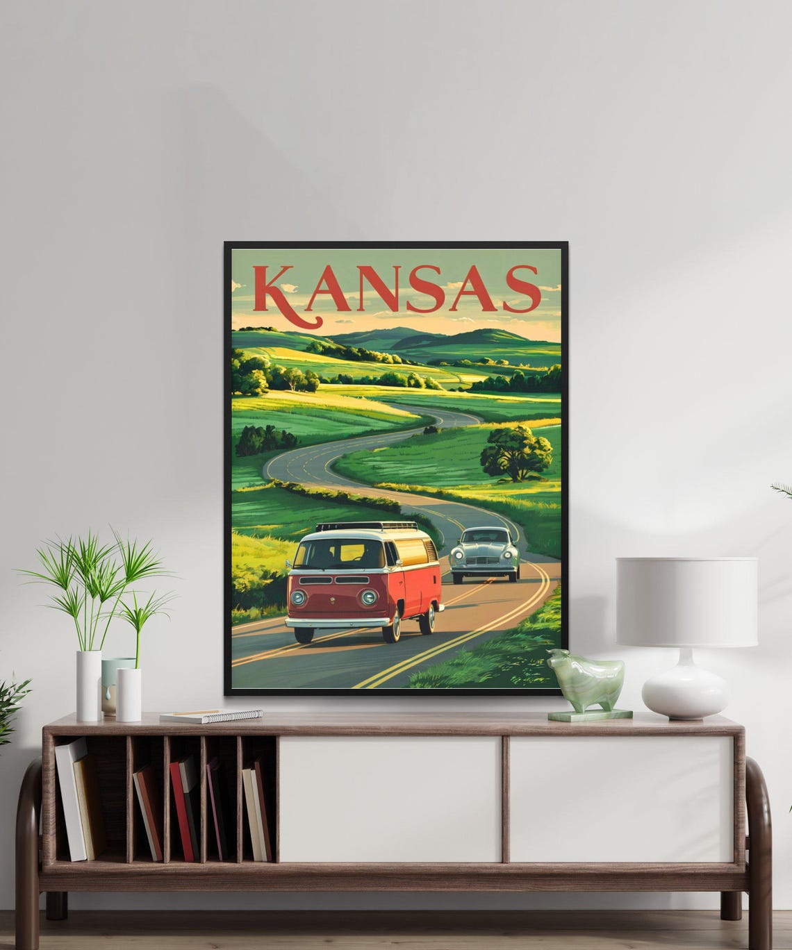 Kansas Road Trip Classic Camper Van Winding Road Vintage Poster - Image 2