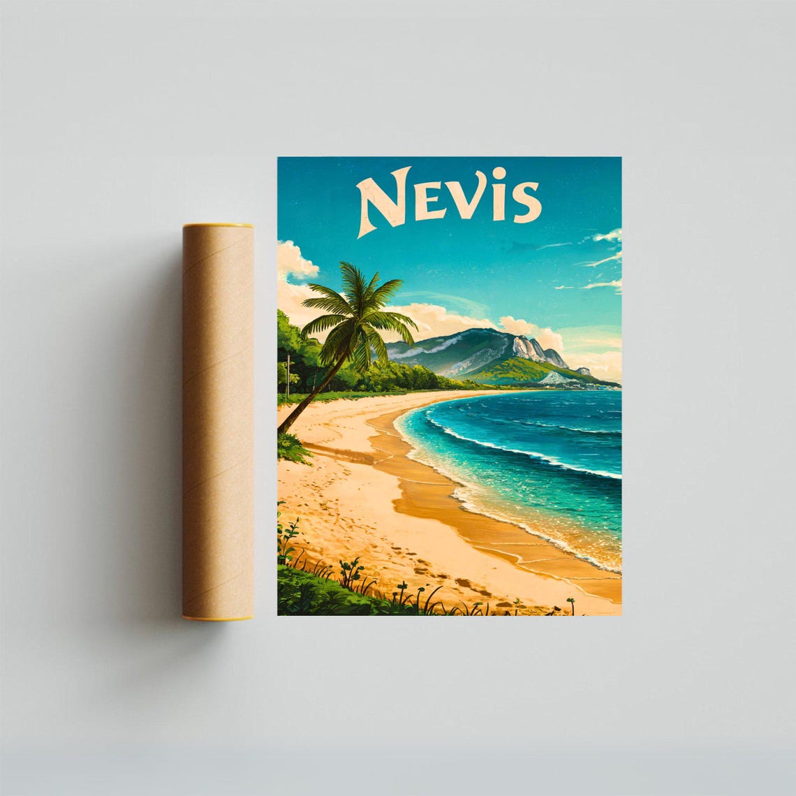 Vintage Nevis Caribbean Curved Beach Palm Tree Travel Poster - Image 3
