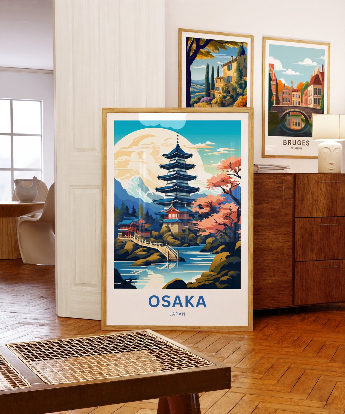 Osaka Japan Five Story Pagoda Cherry Blossom Moonlight Travel Poster - Image 5