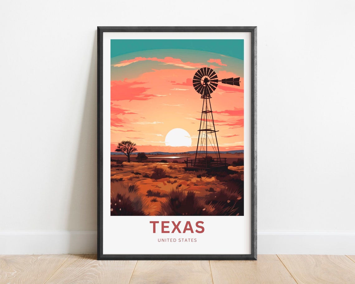 Texas Windmill Silhouette At Fiery Sunset Desert Sky Travel Poster