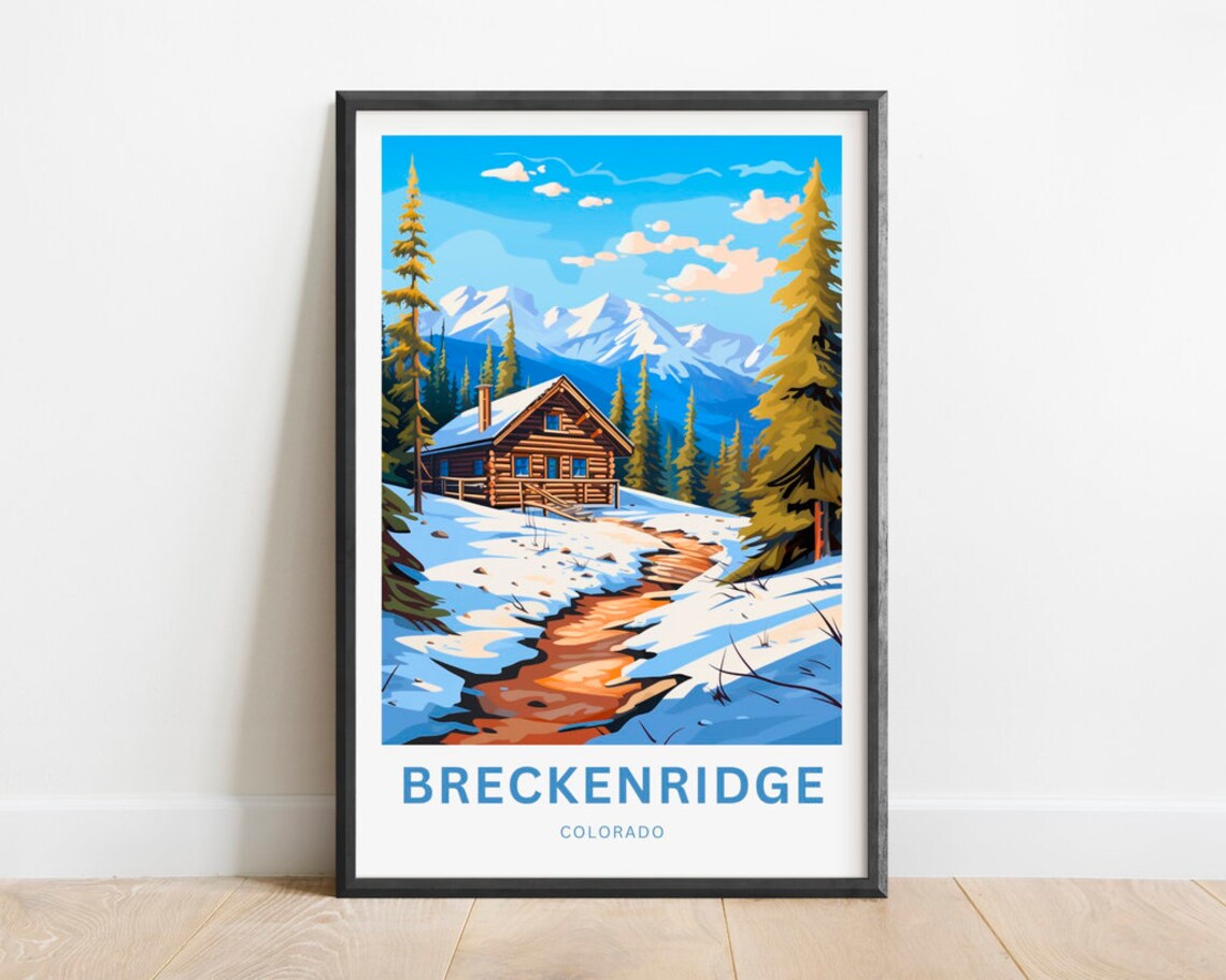 Breckenridge Colorado Snowy Log Cabin Winter Retro Travel Poster
