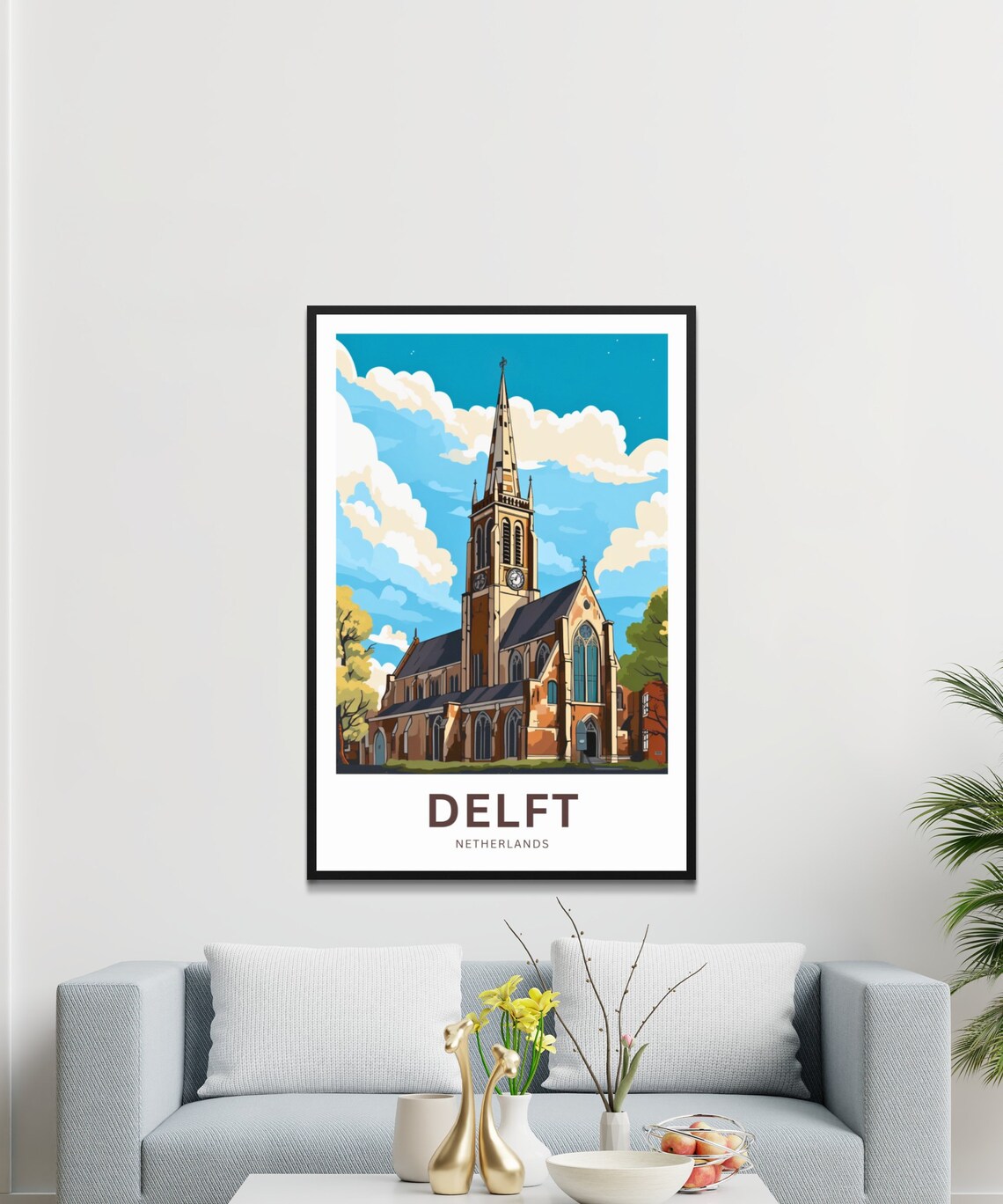 Delft Netherlands Historic Church Tall Spire Skyline Travel Poster - Image 3