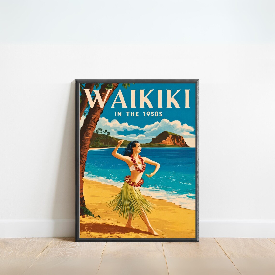 Waikiki in the 1950s Hula Dancer Retro Hawaii Beach Travel Poster