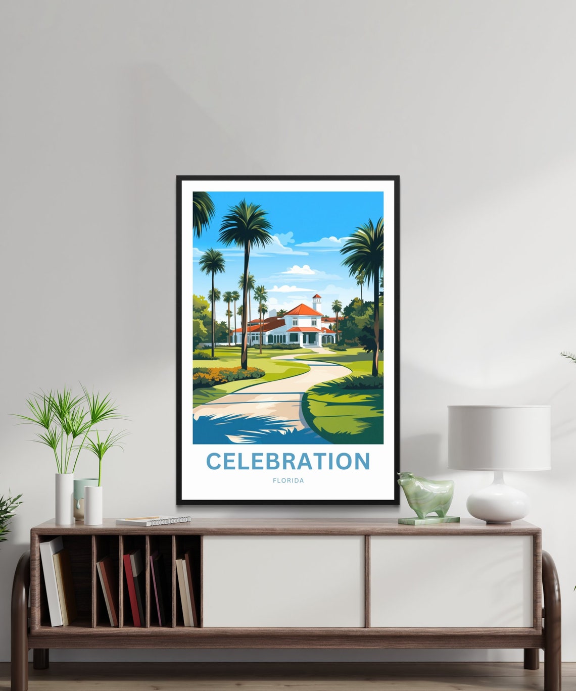 Celebration Florida Palm Trees White Manor Path Garden Travel Poster - Image 3
