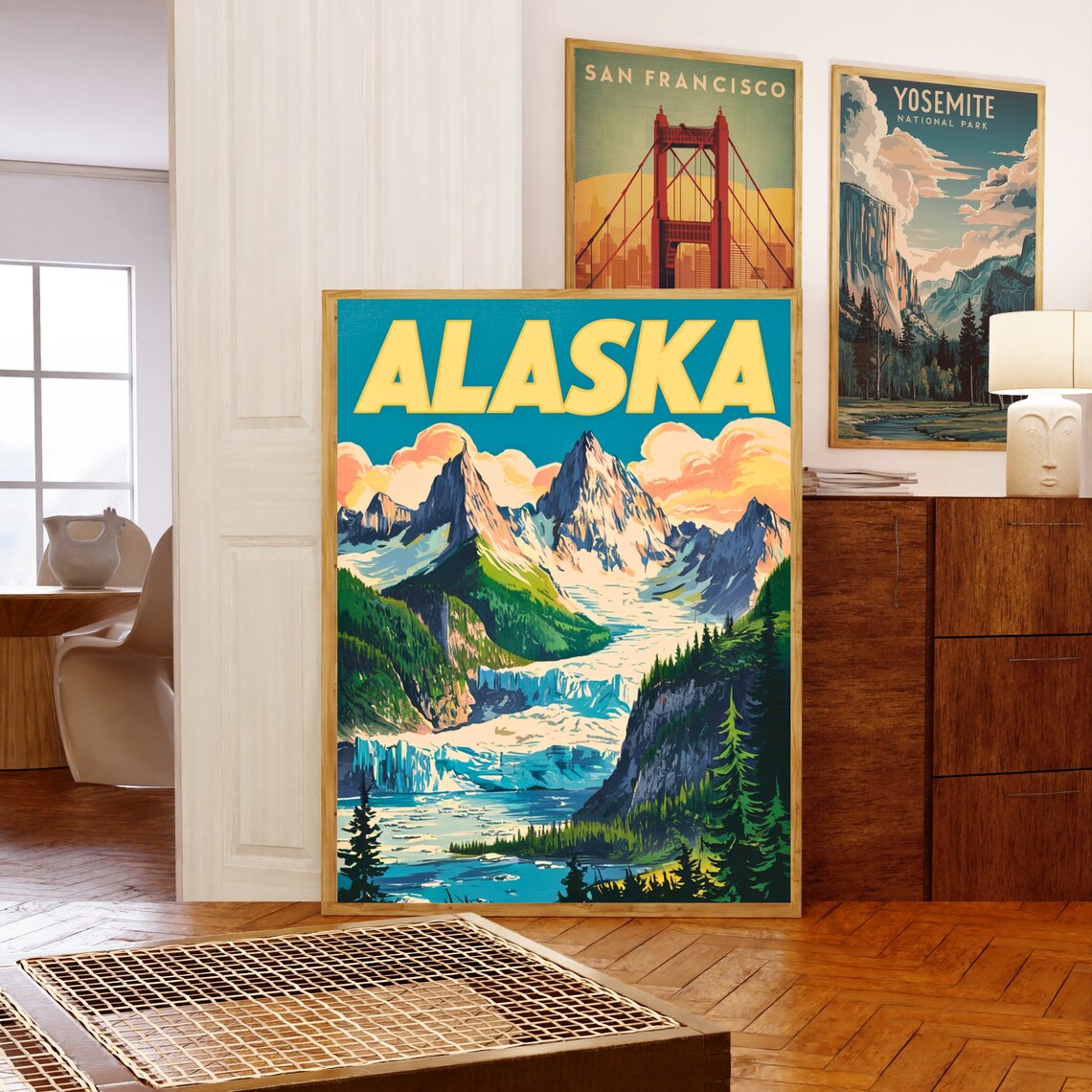 Alaska Glacier Valley Snow Capped Peaks Retro Mountain Travel Poster - Image 5