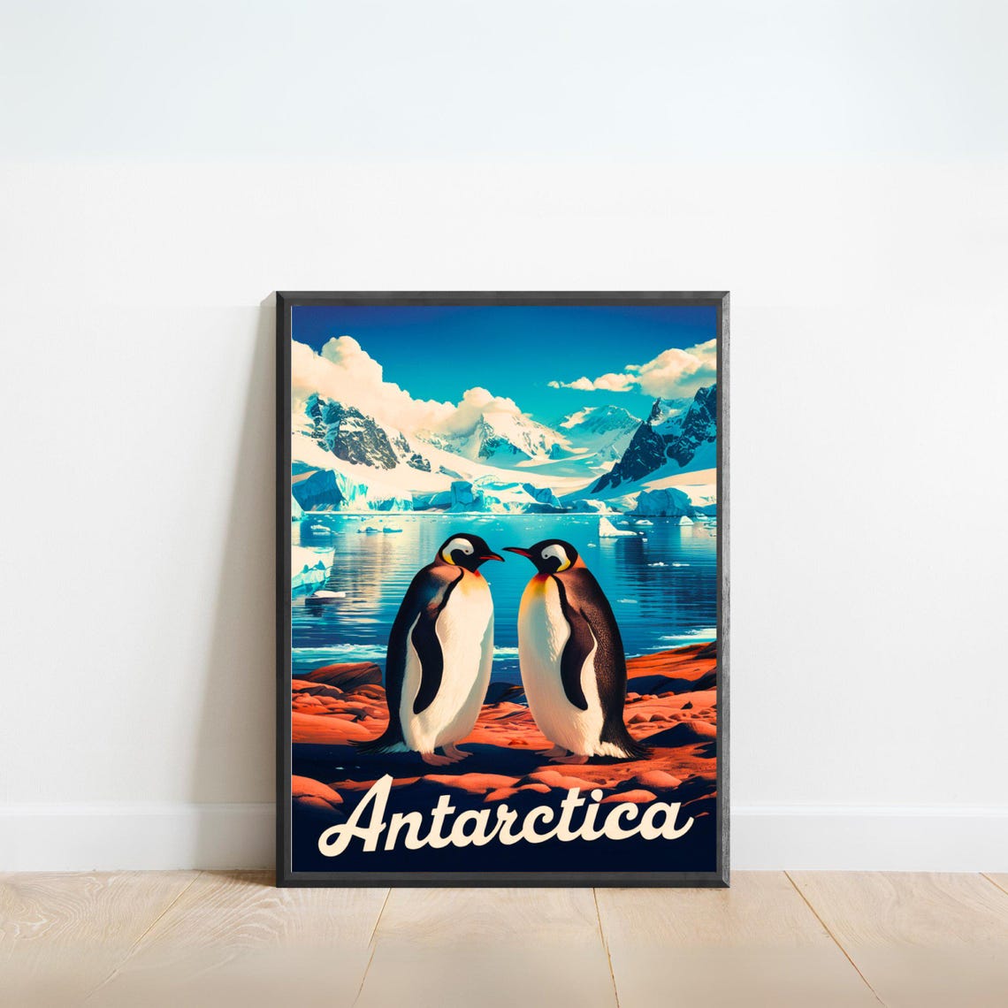 Antarctica King Penguins Glacier Bay Dramatic Vintage Travel Poster