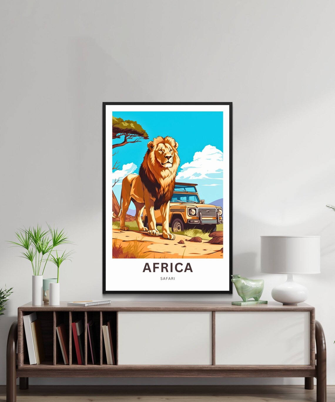 Africa Safari Lion Portrait Safari Jeep Bright Blue Sky Poster - Image 2