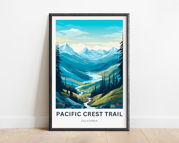 Pacific Crest Trail California Blue Mountain Valley Vintage Travel Poster