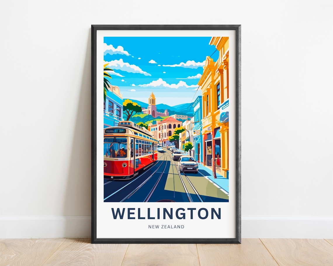 Wellington New Zealand Red Tram Busy Street Church Hill Travel Poster