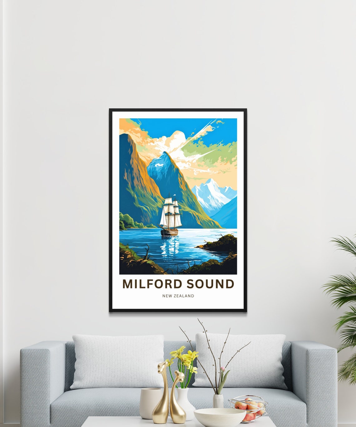 Milford Sound New Zealand Tall Ship Orange Peak Custom Travel Poster - Image 3