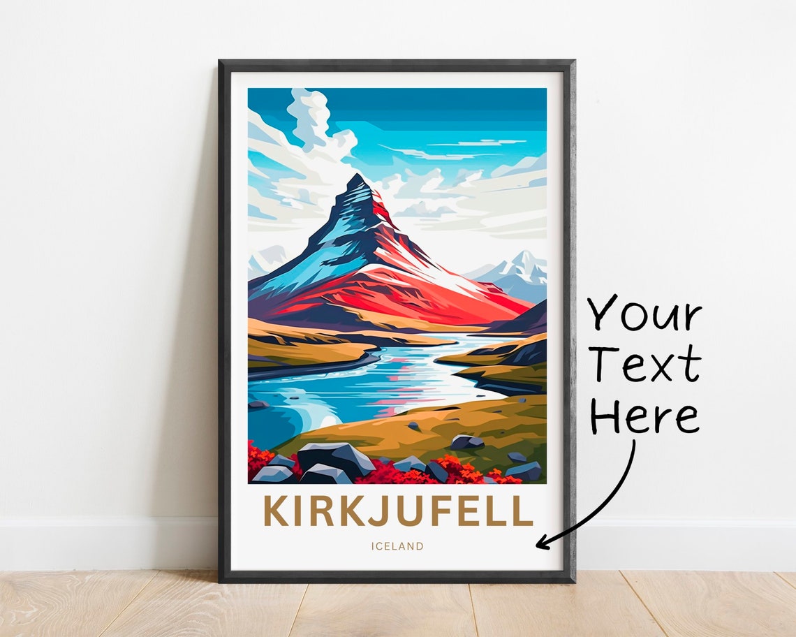 Kirkjufell Iceland Travel Poster Red Peak River Valley Landscape Art