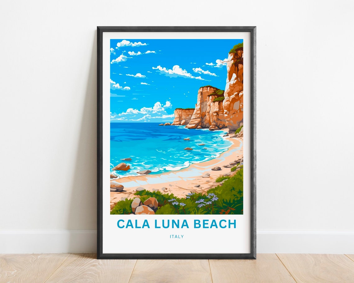 Cala Luna Beach Italy Turquoise Waves Cliffside Vintage Travel Poster