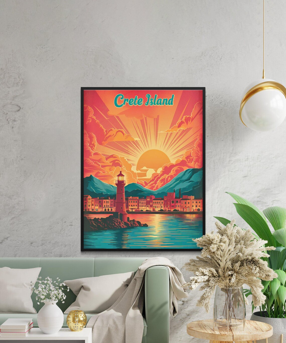 Crete Island Lighthouse Harbor Fiery Sunset Greece Travel Poster - Image 2