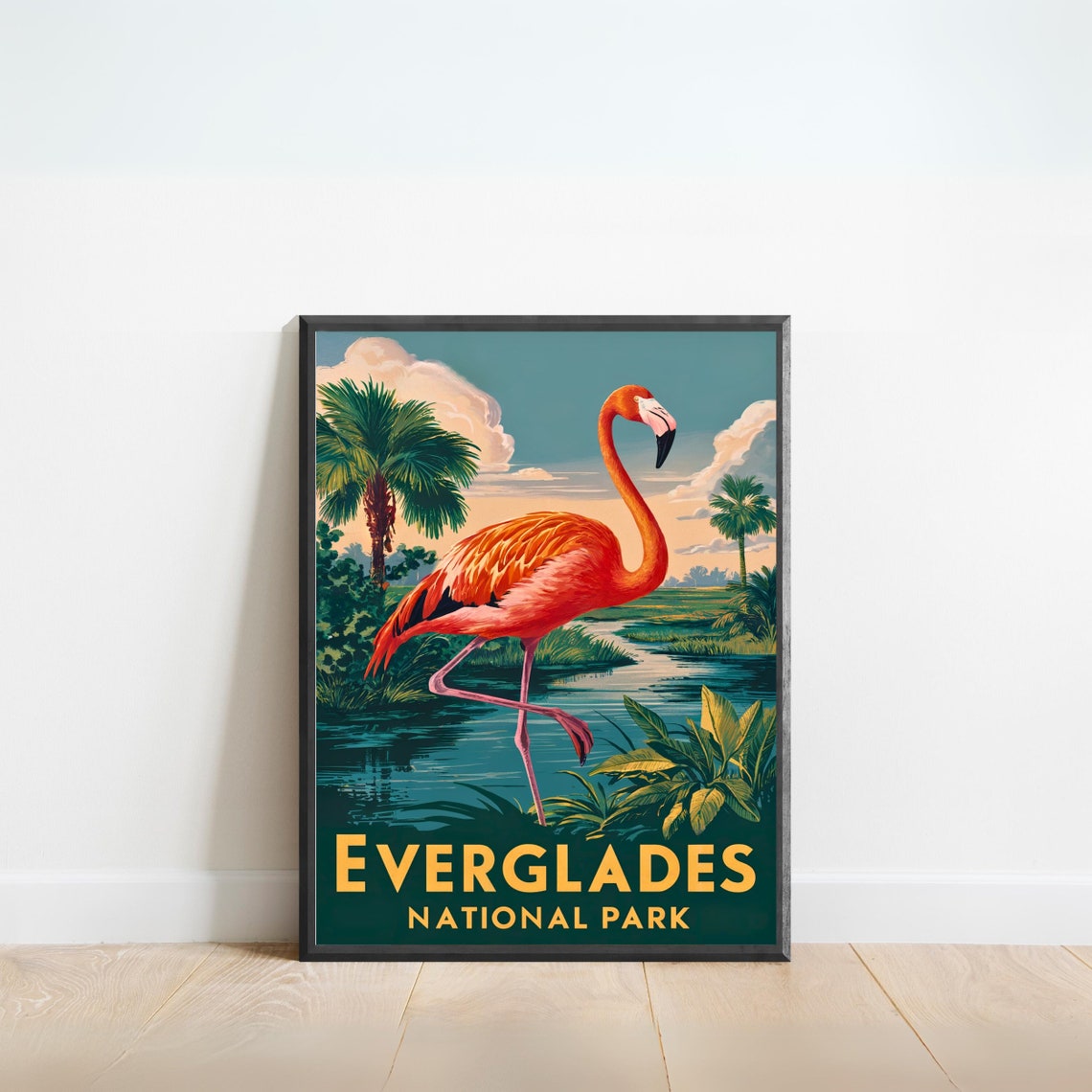 Everglades National Park Pink Flamingo Palm Trees Wetlands Poster