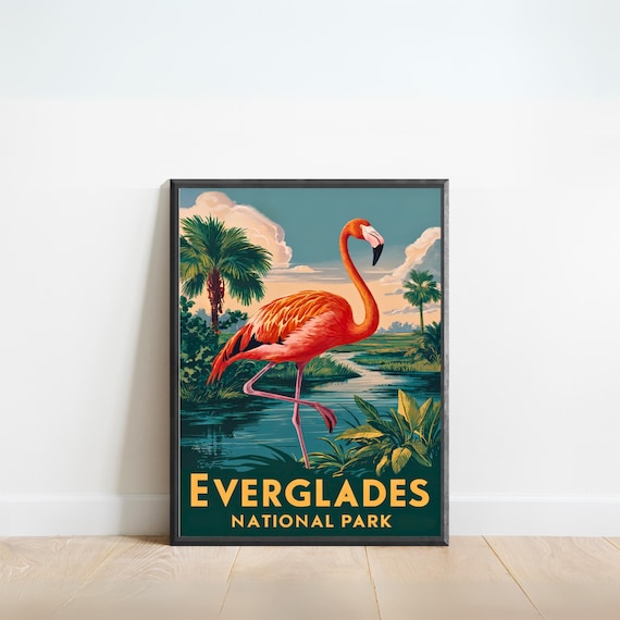 Everglades National Park Pink Flamingo Palm Trees Wetlands Poster
