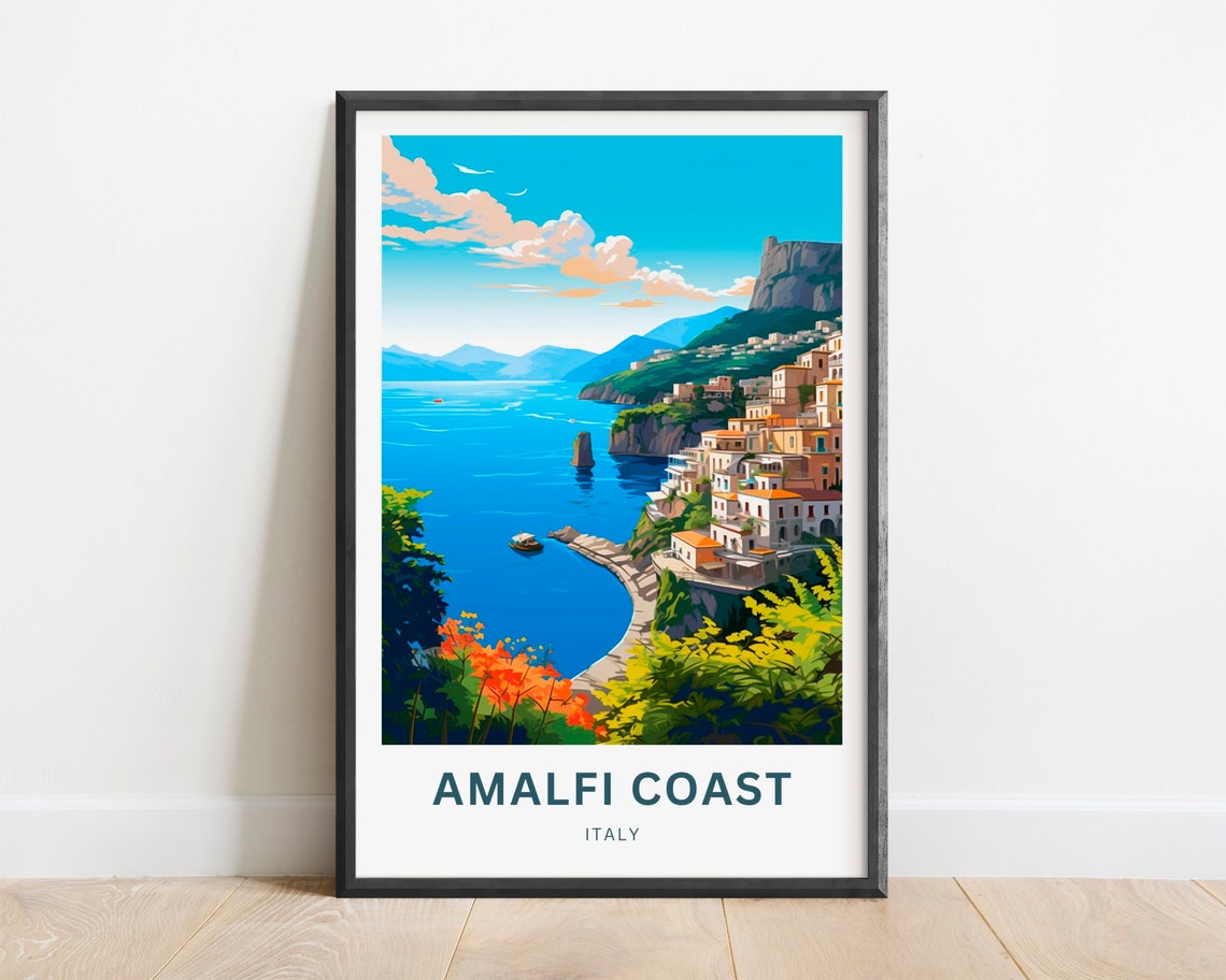 Amalfi Coast Italy Cliffside Village Boats Blue Bay Travel Poster