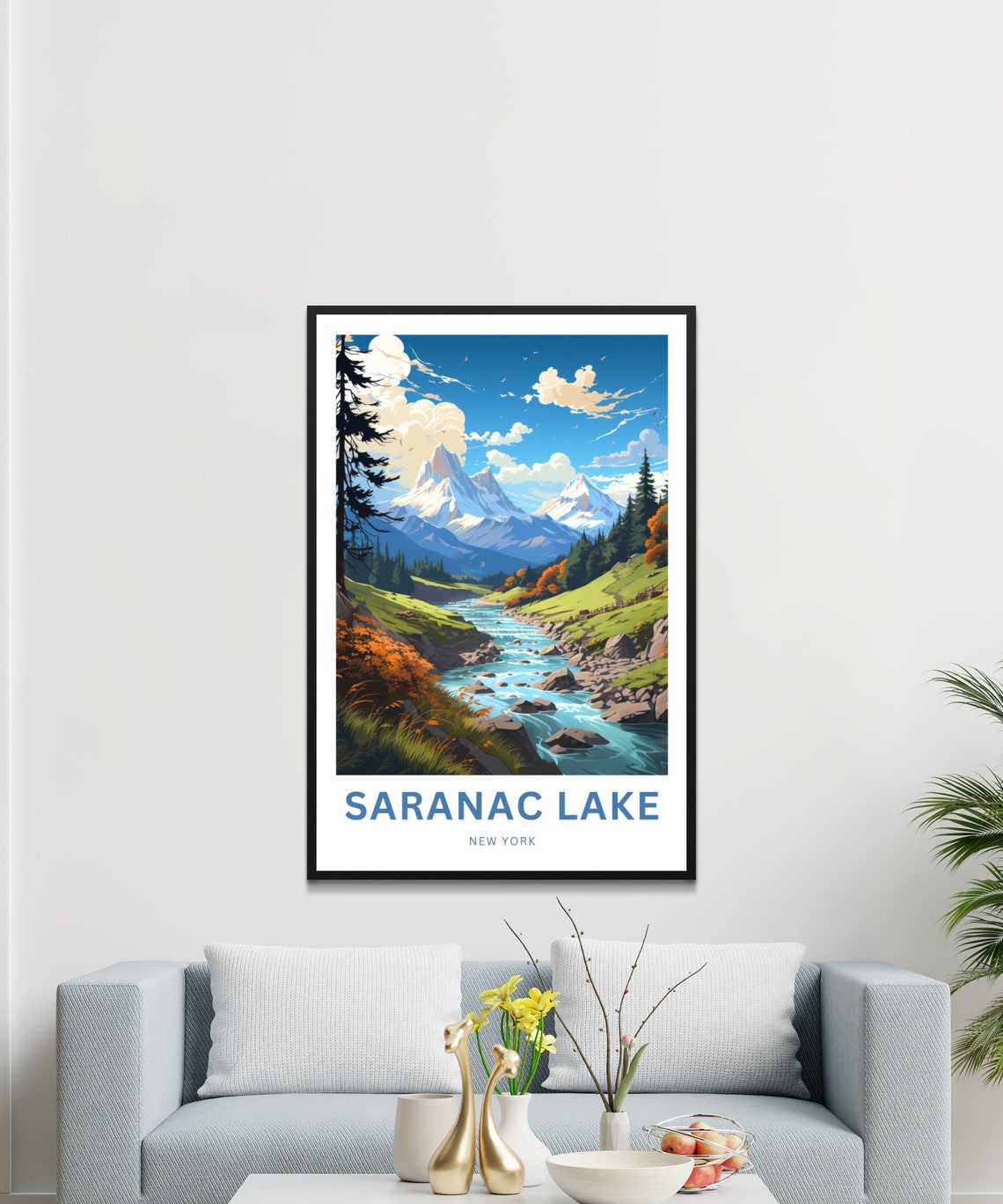 Saranac Lake New York Snow Peaks Rushing River Travel Poster - Image 3