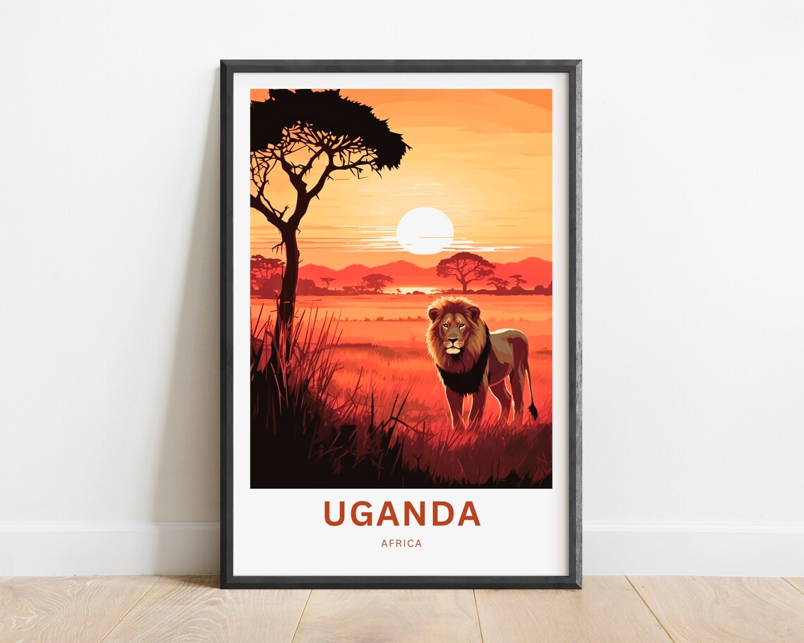 Uganda Africa Travel Poster Lion in Tall Grass Sunset Savanna View