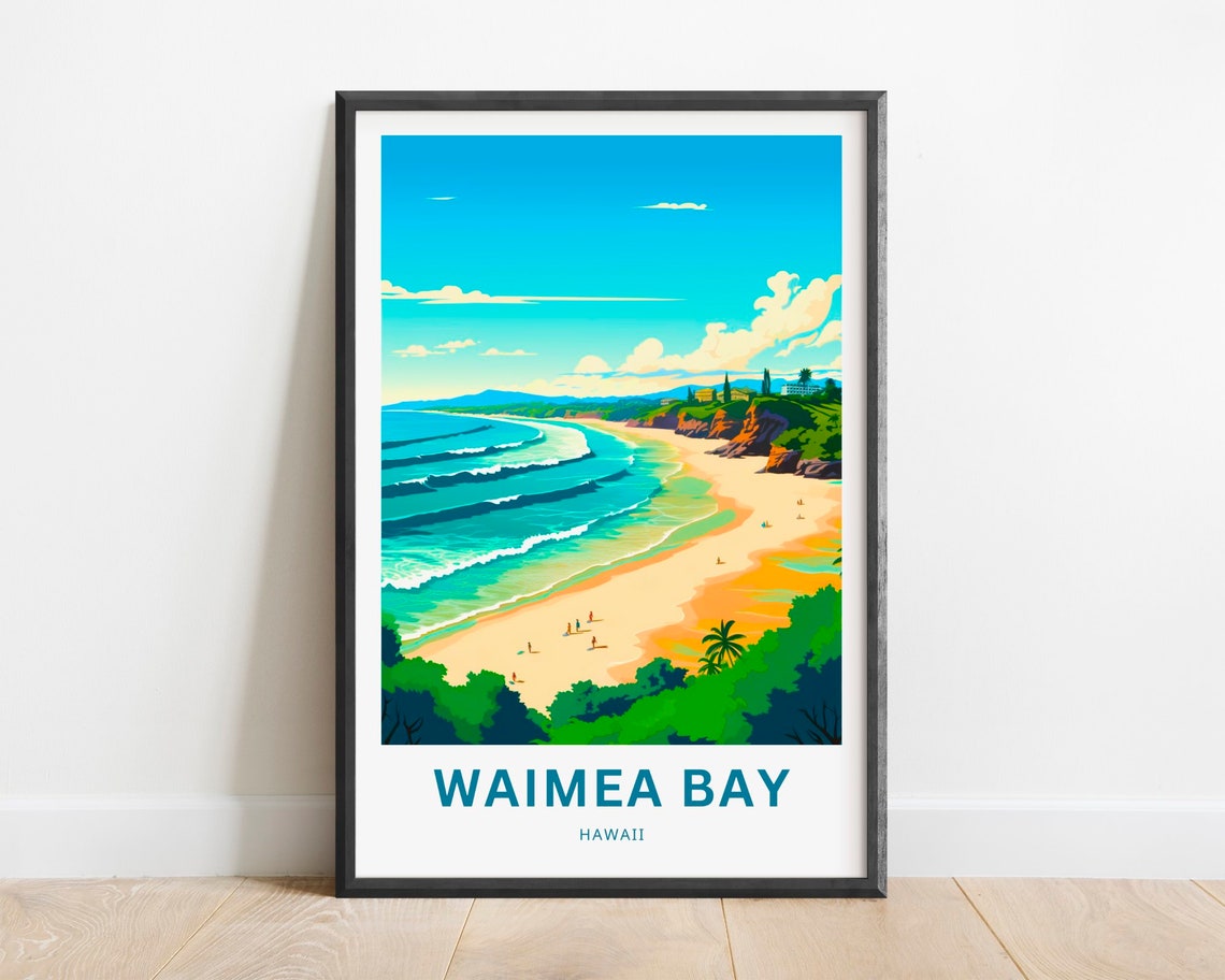 Waimea Bay Hawaii Sandy Beach Ocean Waves Surf Vintage Travel Poster